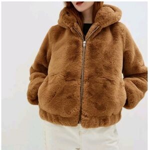 Women's Faux Fur Hooded Jacket - Brown